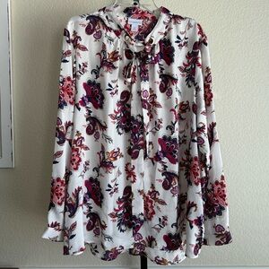 Liz Claiborne White Pink Paisley Tie Neck Blouse Top 2X Workwear Office Boho